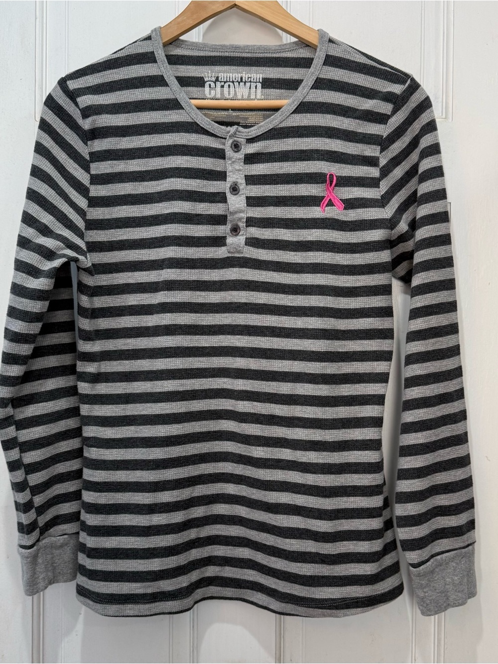 American Crown Gray Striped Long-Sleeve Henley with Pink Breast Cancer Ribbon